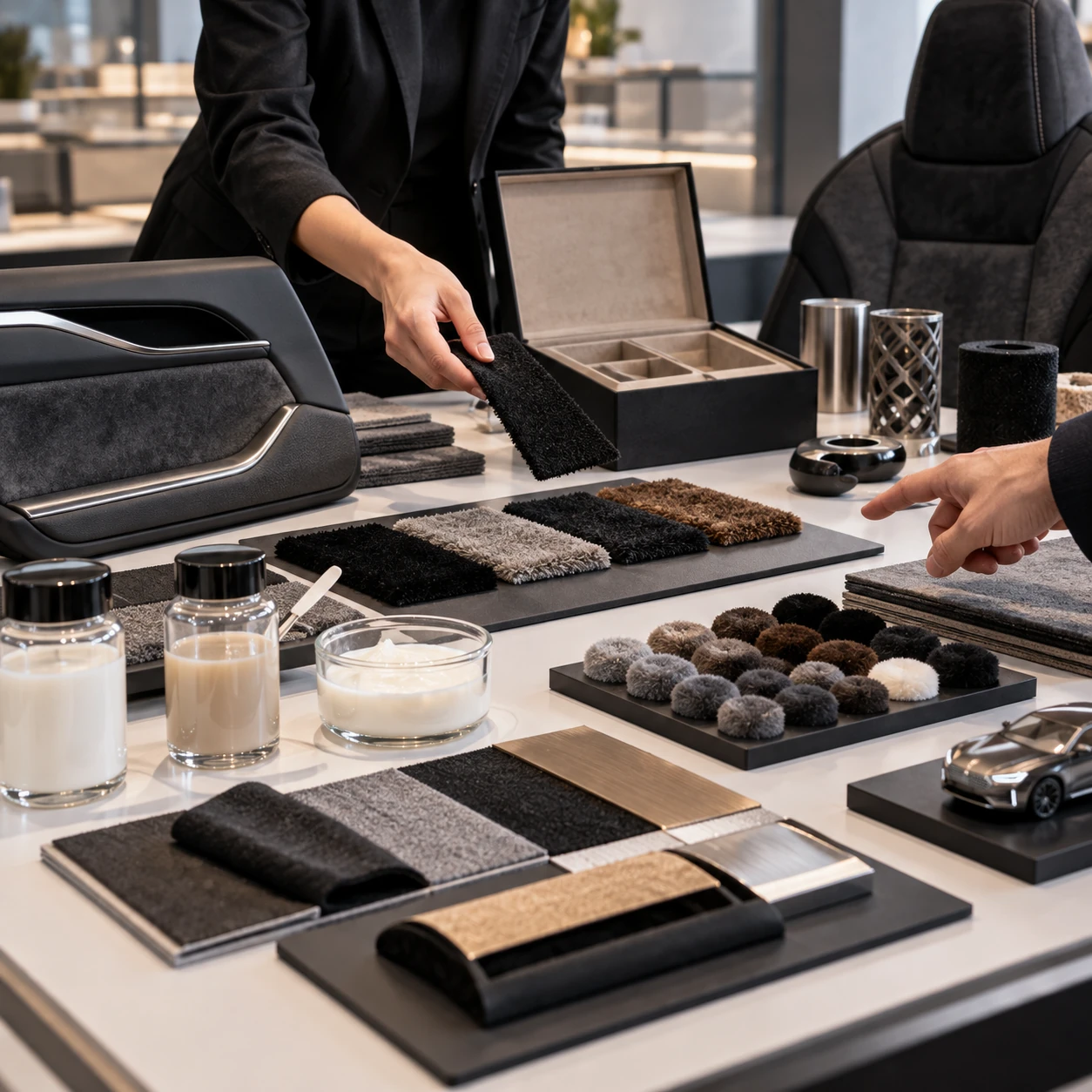 Modern material design studio showing flocked samples for automotive, packaging, and textile applications with different adhesive requirements. Modern material design studio showing flocked samples for automotive, packaging, and textile applications with different adhesive requirements.