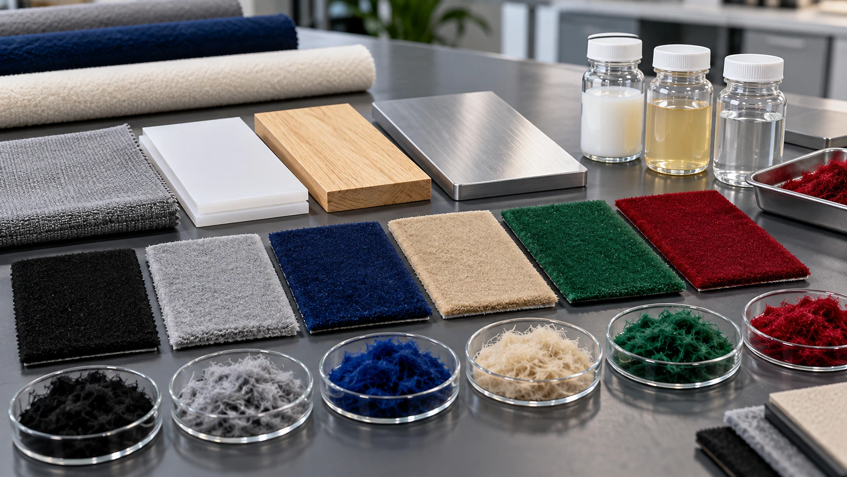 Flocking material selection display with fibers, adhesive samples, substrates, and finished flocked surfaces for adhesion performance evaluation. Flocking material selection display with fibers, adhesive samples, substrates, and finished flocked surfaces for adhesion performance evaluation.