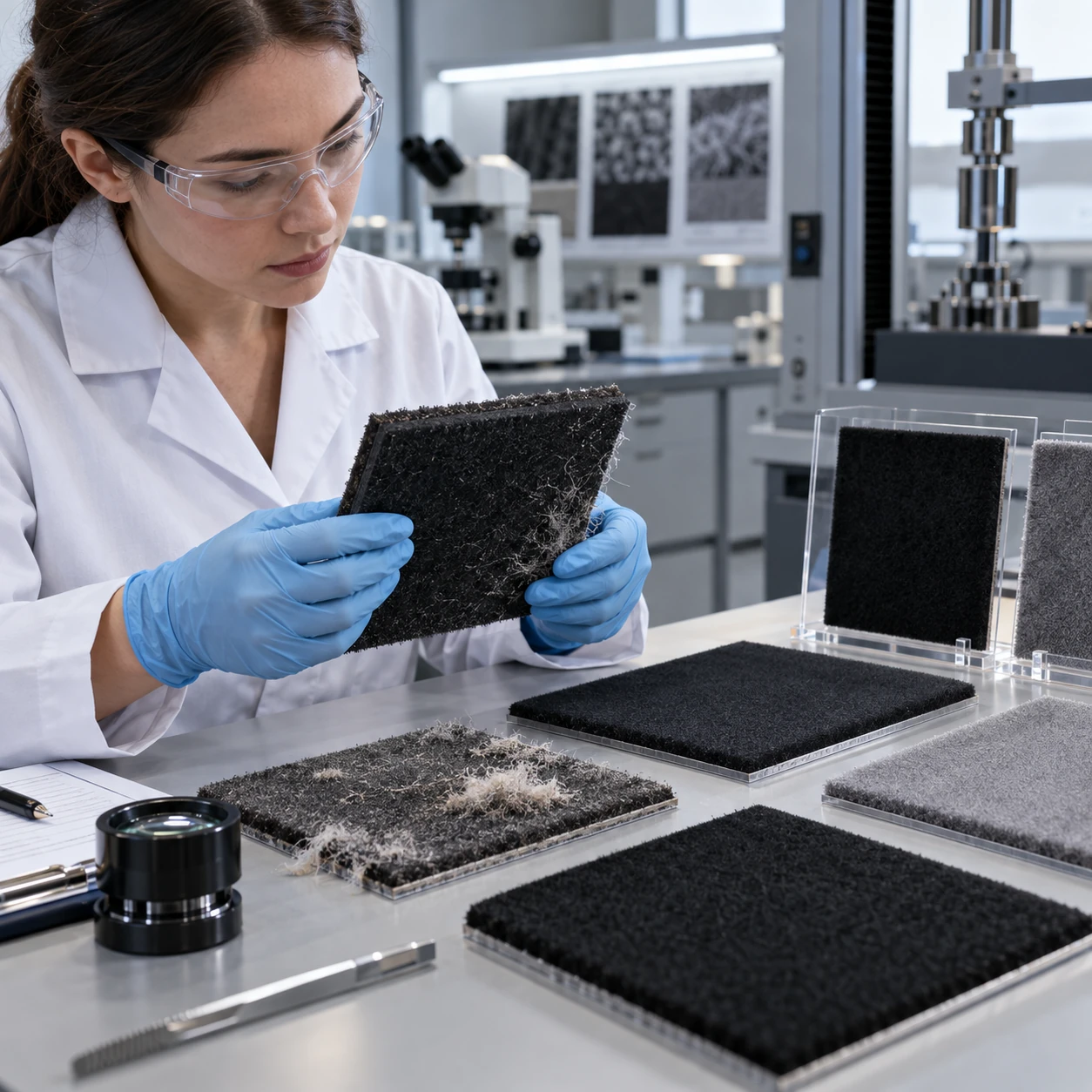 Quality inspection of flocked surfaces showing fiber bonding analysis and adhesive performance evaluation in a laboratory environment. Quality inspection of flocked surfaces showing fiber bonding analysis and adhesive performance evaluation in a laboratory environment.
