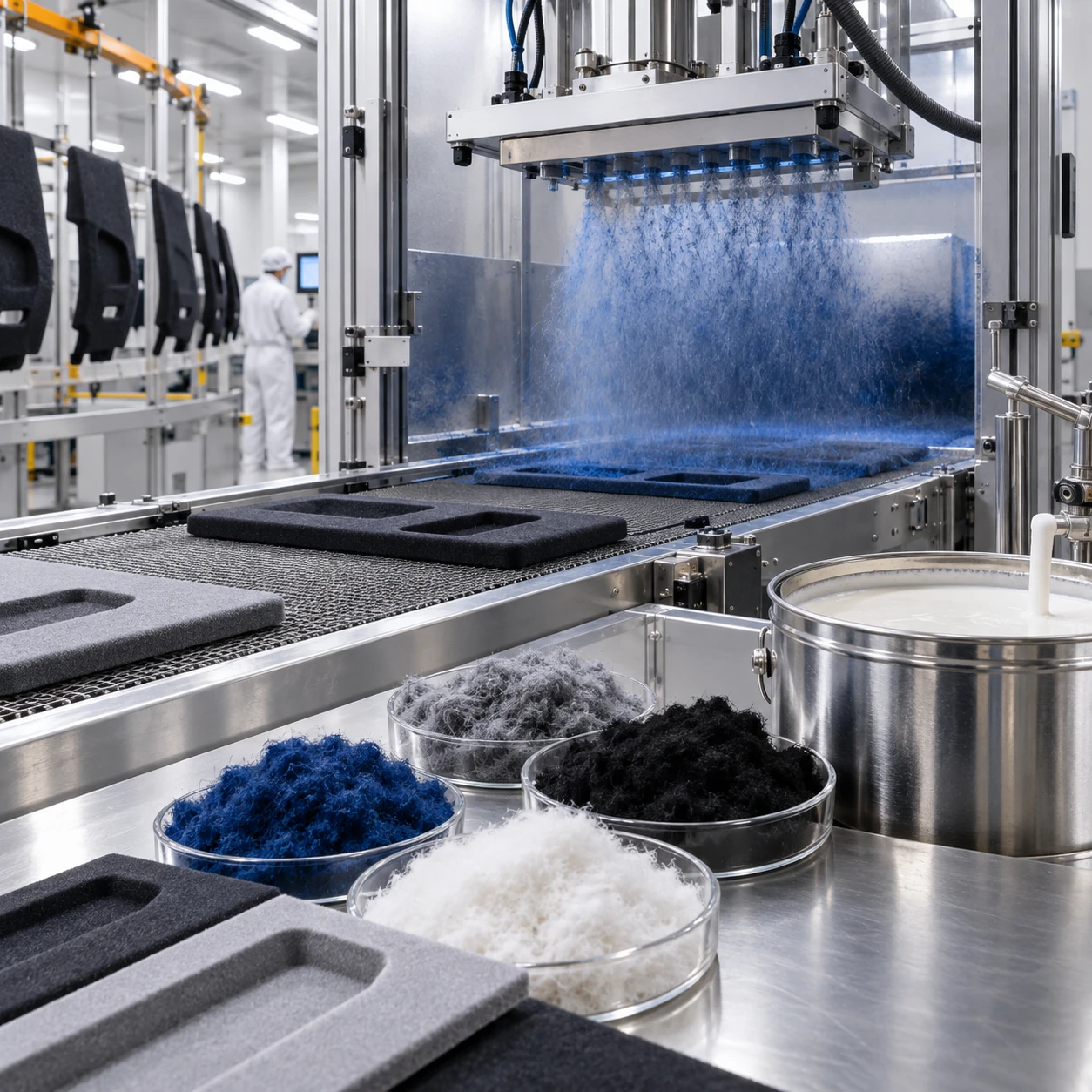 Industrial electrostatic flocking production line showing adhesive application, flocking fiber, and manufacturing process integration. Industrial electrostatic flocking production line showing adhesive application, flocking fiber, and manufacturing process integration.