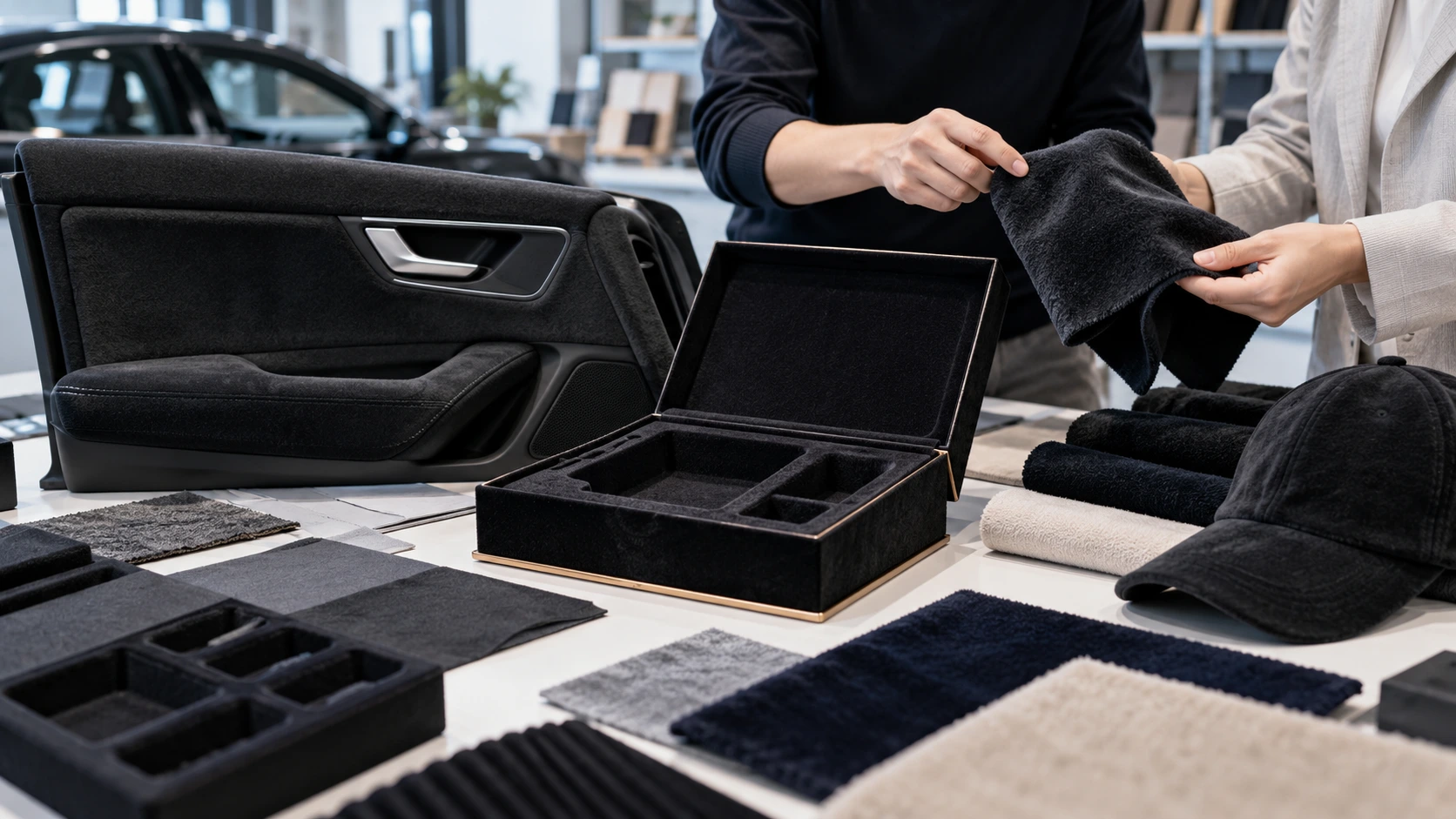 Automotive, packaging, and textile flocked product samples reviewed on a design table showing application-specific flocking powder solutions. Automotive, packaging, and textile flocked product samples reviewed on a design table showing application-specific flocking powder solutions.