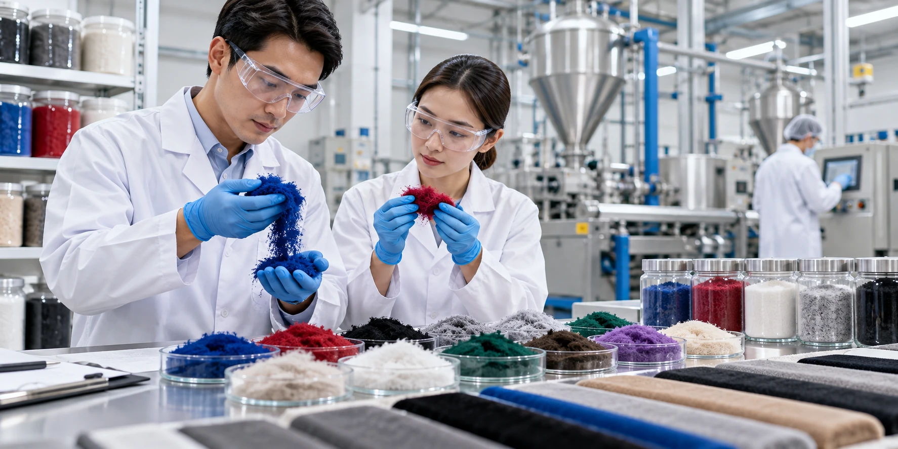 Professional flocking material supplier quality control with fiber inspection and manufacturing laboratory environment. Professional flocking material supplier quality control with fiber inspection and manufacturing laboratory environment.