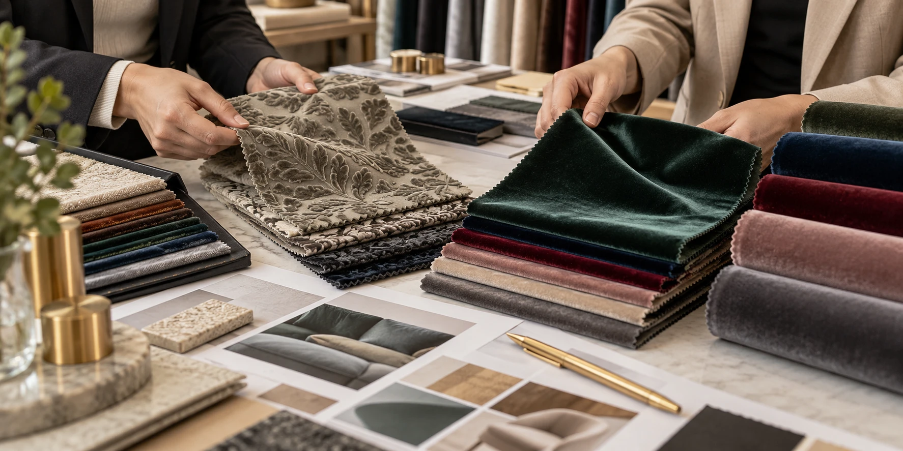 Professional textile material selection scene comparing flocked fabric and velvet samples for buyers. Professional textile material selection scene comparing flocked fabric and velvet samples for buyers.