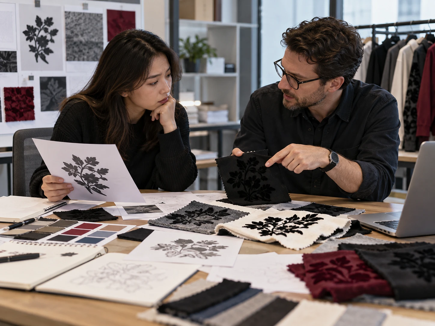 Designers discussing custom flock printing concepts with textile samples in a professional studio Designers discussing custom flock printing concepts with textile samples in a professional studio