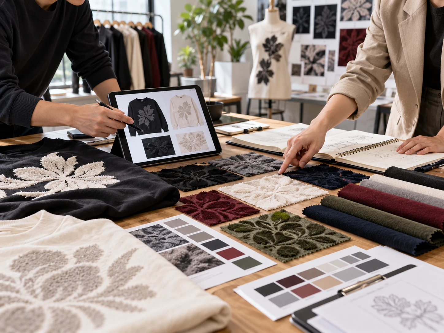 Fashion fabric design review featuring flock printing samples and material evaluation Fashion fabric design review featuring flock printing samples and material evaluation