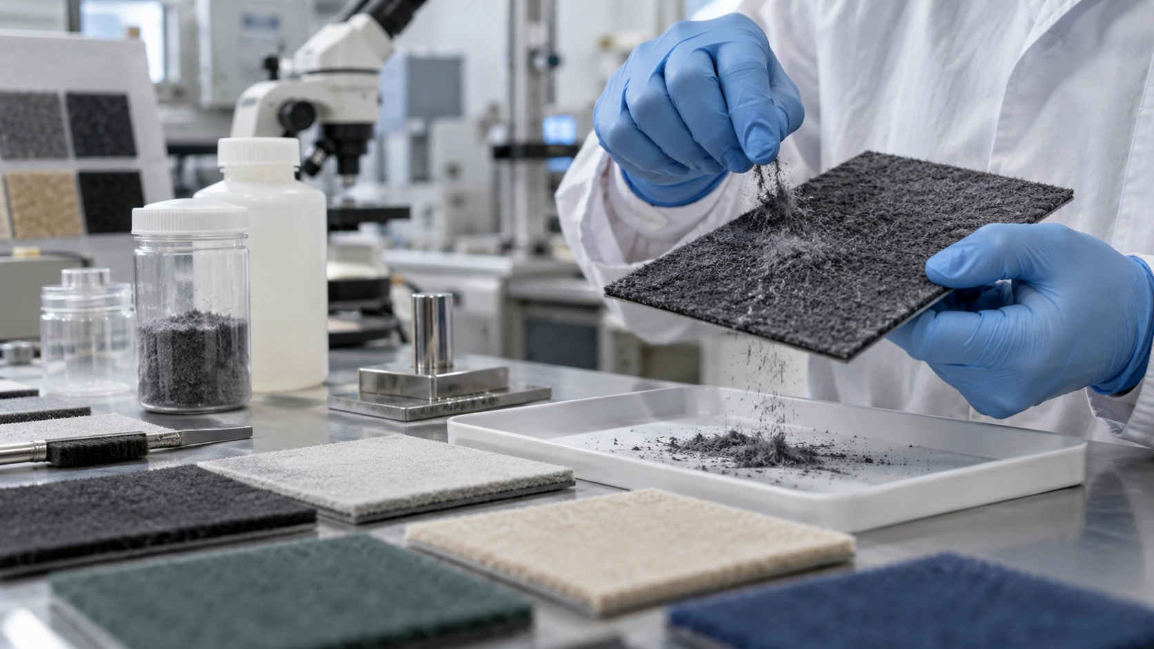 Gloved technician testing a flocked sample panel as loose fibers fall into a tray, illustrating common causes of flocking powder falling off. Gloved technician testing a flocked sample panel as loose fibers fall into a tray, illustrating common causes of flocking powder falling off.
