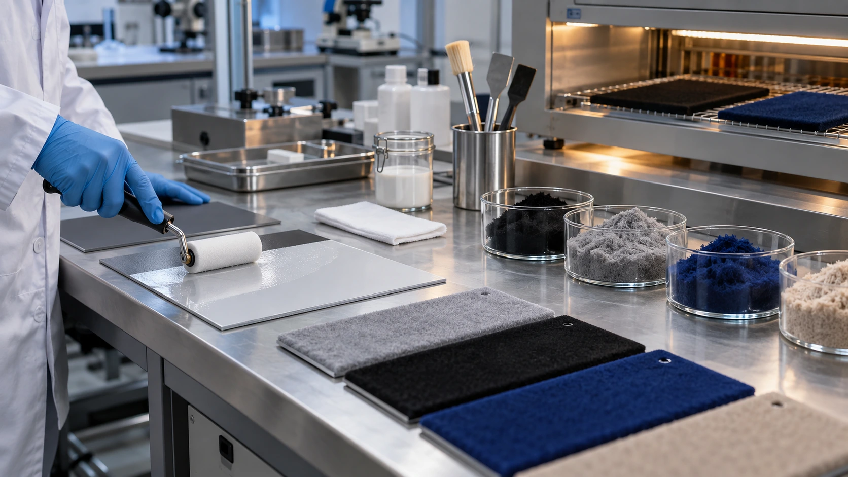 Industrial lab scene showing adhesive coating, flocking powder samples, and curing conditions to improve flocking powder adhesion performance. Industrial lab scene showing adhesive coating, flocking powder samples, and curing conditions to improve flocking powder adhesion performance.