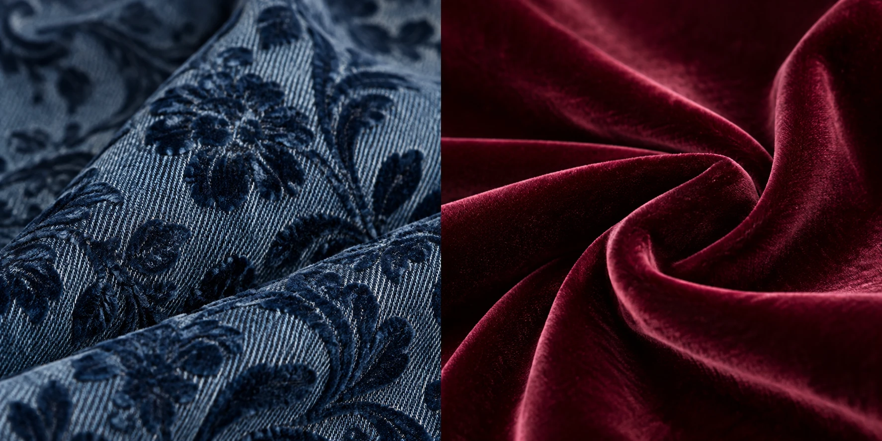 Comparison of flocked denim and velvet materials showing raised flock texture on denim and smooth velvet fabric. Comparison of flocked denim and velvet materials showing raised flock texture on denim and smooth velvet fabric.