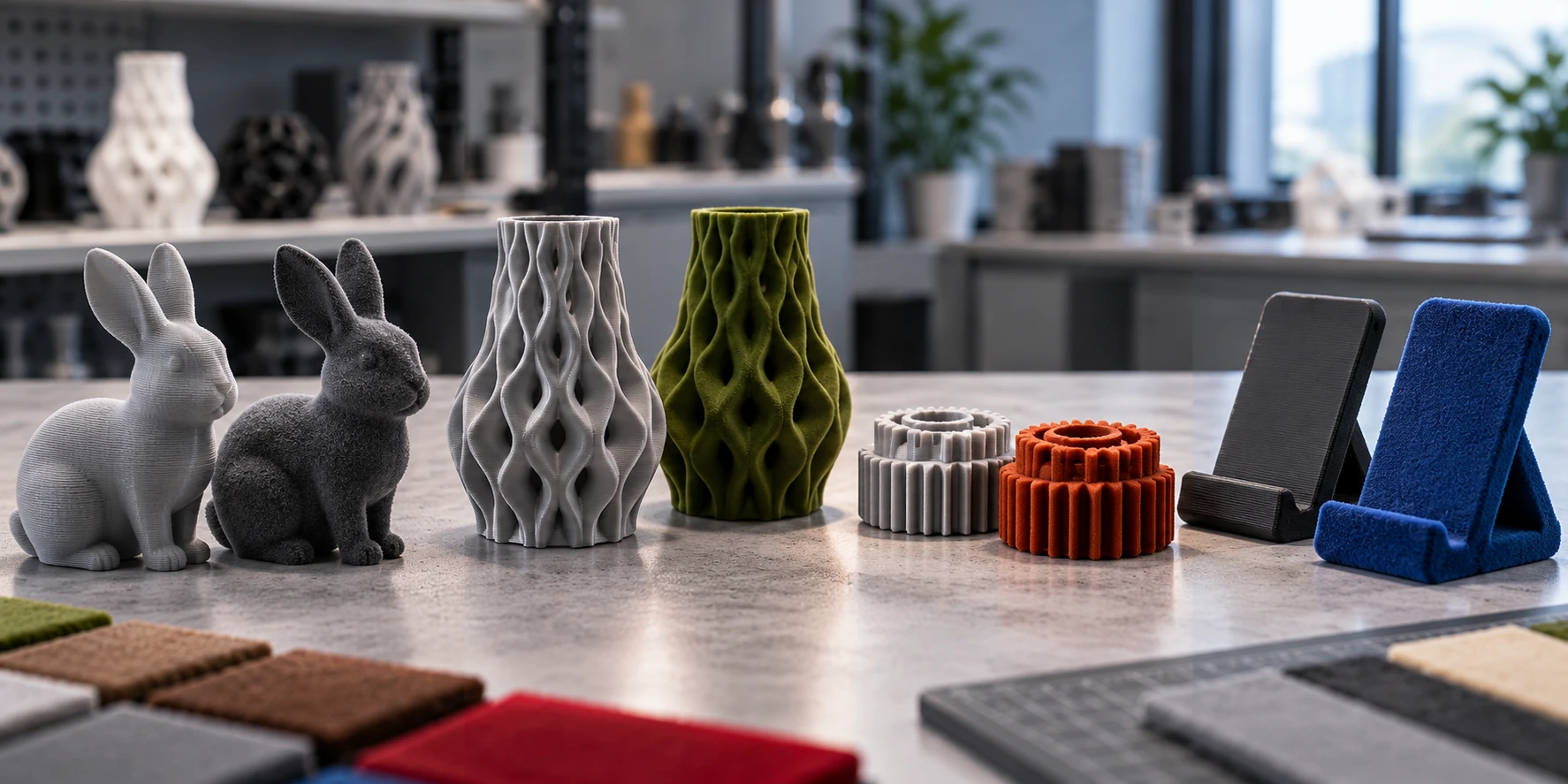 Comparison showing how flocking improves the texture, appearance, and premium surface finish of 3D printed parts. Comparison showing how flocking improves the texture, appearance, and premium surface finish of 3D printed parts.