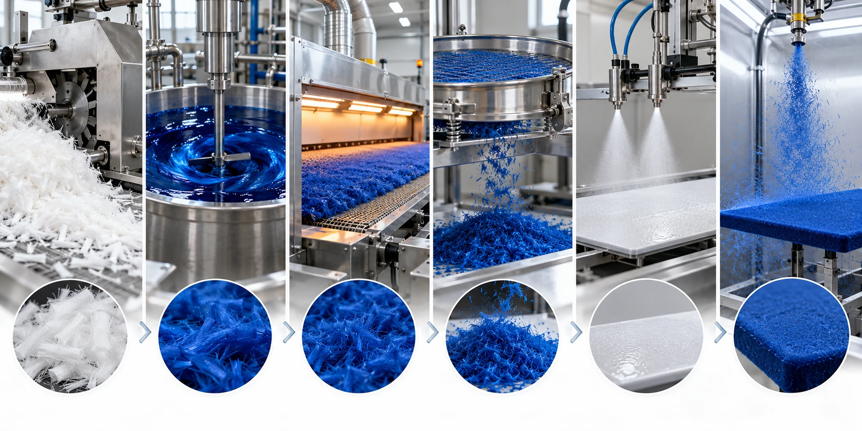 Industrial flocking process showing fiber preparation, dyeing, drying, sieving, adhesive application and electrostatic flocking stages. Industrial flocking process showing fiber preparation, dyeing, drying, sieving, adhesive application and electrostatic flocking stages.