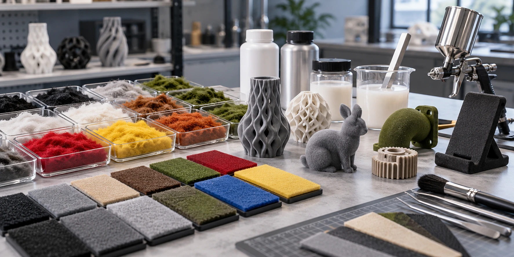Materials needed for 3D print flocking including flock fibers, adhesives, and flocked sample surfaces. Materials needed for 3D print flocking including flock fibers, adhesives, and flocked sample surfaces.