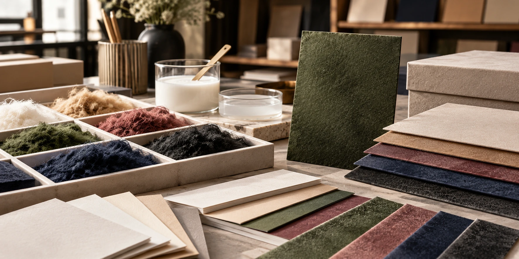 Materials used for flocked paper including flock fibers, paper samples, and surface finishing materials for decorative applications. Materials used for flocked paper including flock fibers, paper samples, and surface finishing materials for decorative applications.