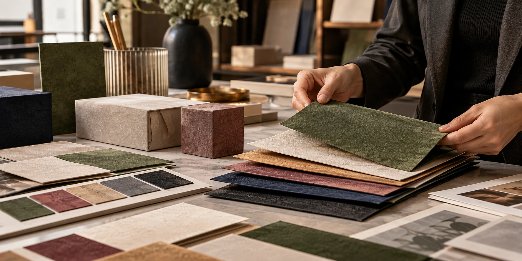 Selecting the right flocked paper material with paper samples, texture comparisons, and packaging design evaluation. Selecting the right flocked paper material with paper samples, texture comparisons, and packaging design evaluation.