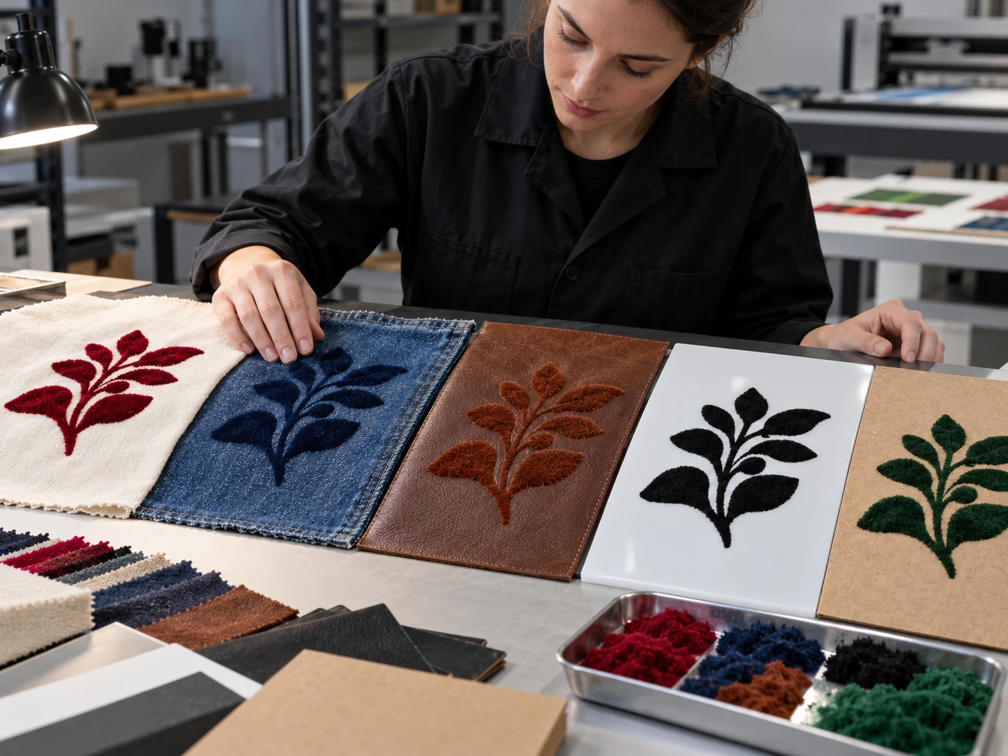Comparison of flocking surface textures and velvet effects for material selection Comparison of flocking surface textures and velvet effects for material selection