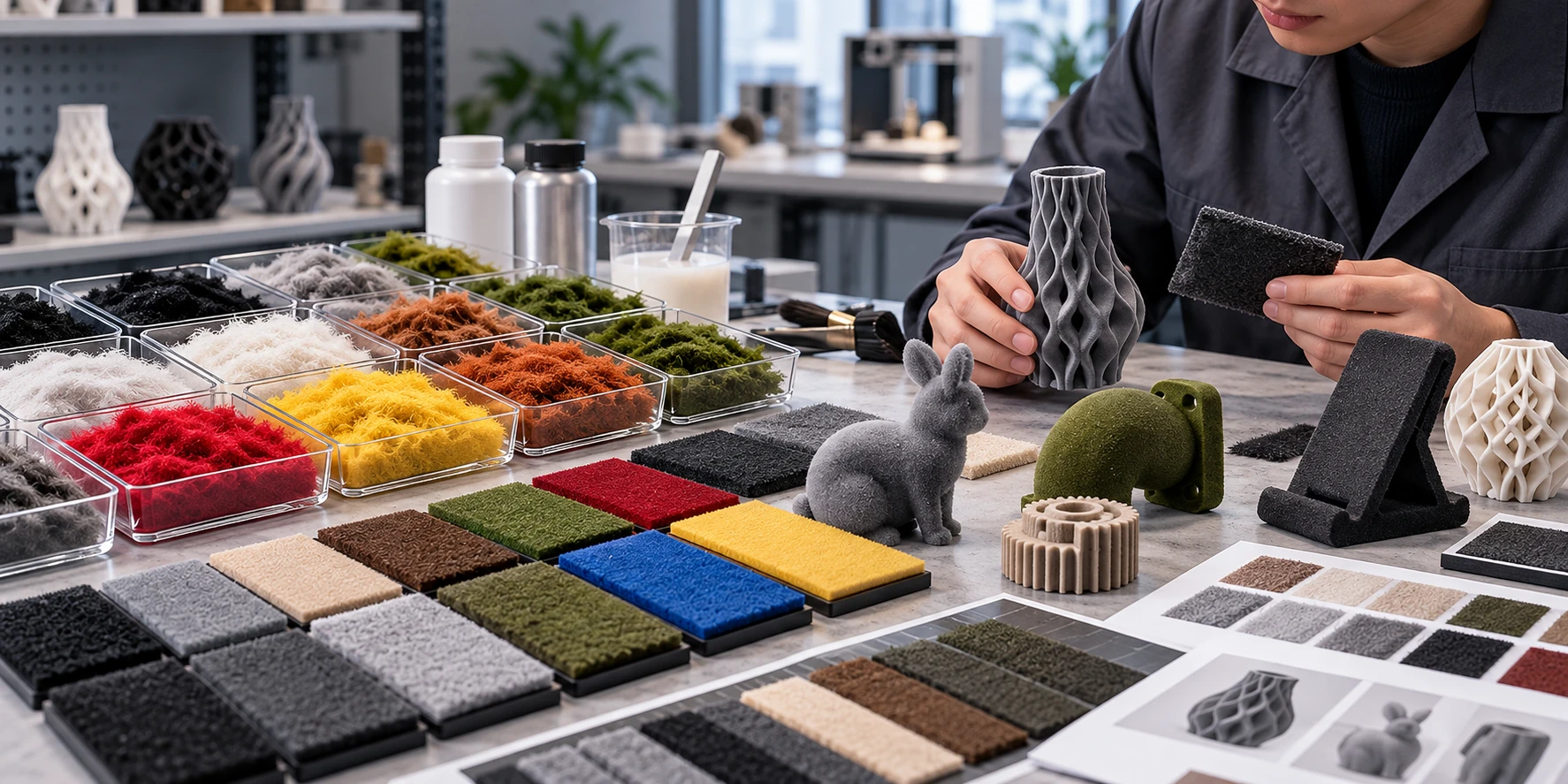 Selecting the right flocking materials for 3D printing with fiber samples, surface tests, and material evaluation. Selecting the right flocking materials for 3D printing with fiber samples, surface tests, and material evaluation.