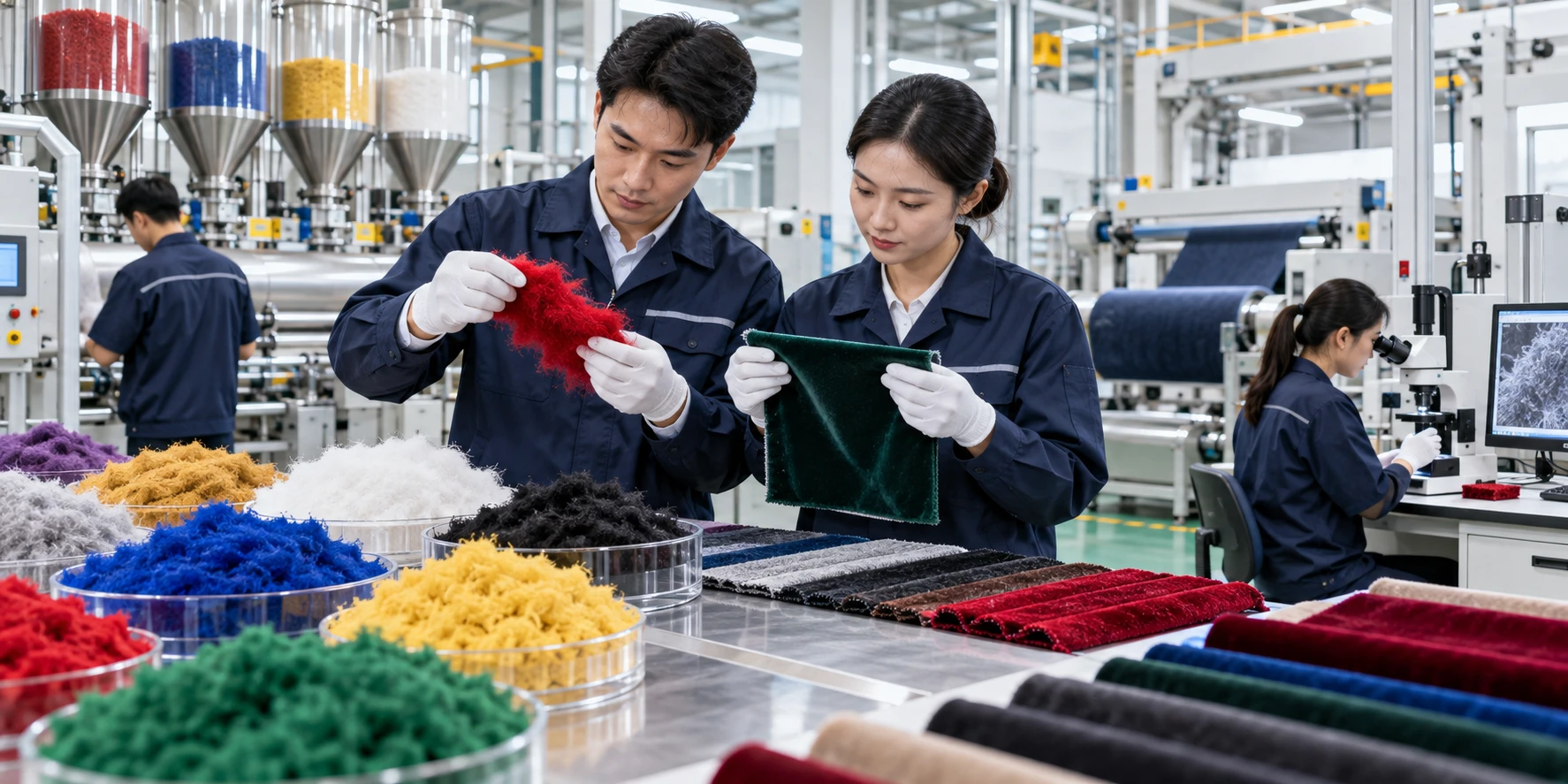 Flocking material supplier quality control scene with fiber inspection, textile samples, and manufacturing laboratory. Flocking material supplier quality control scene with fiber inspection, textile samples, and manufacturing laboratory.