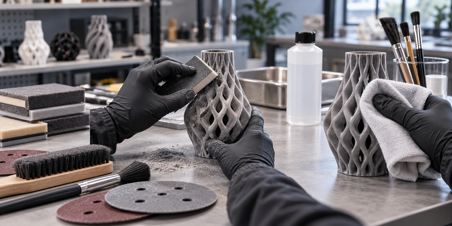 Preparing a 3D printed surface before flocking with cleaning, sanding, and surface treatment steps. Preparing a 3D printed surface before flocking with cleaning, sanding, and surface treatment steps.