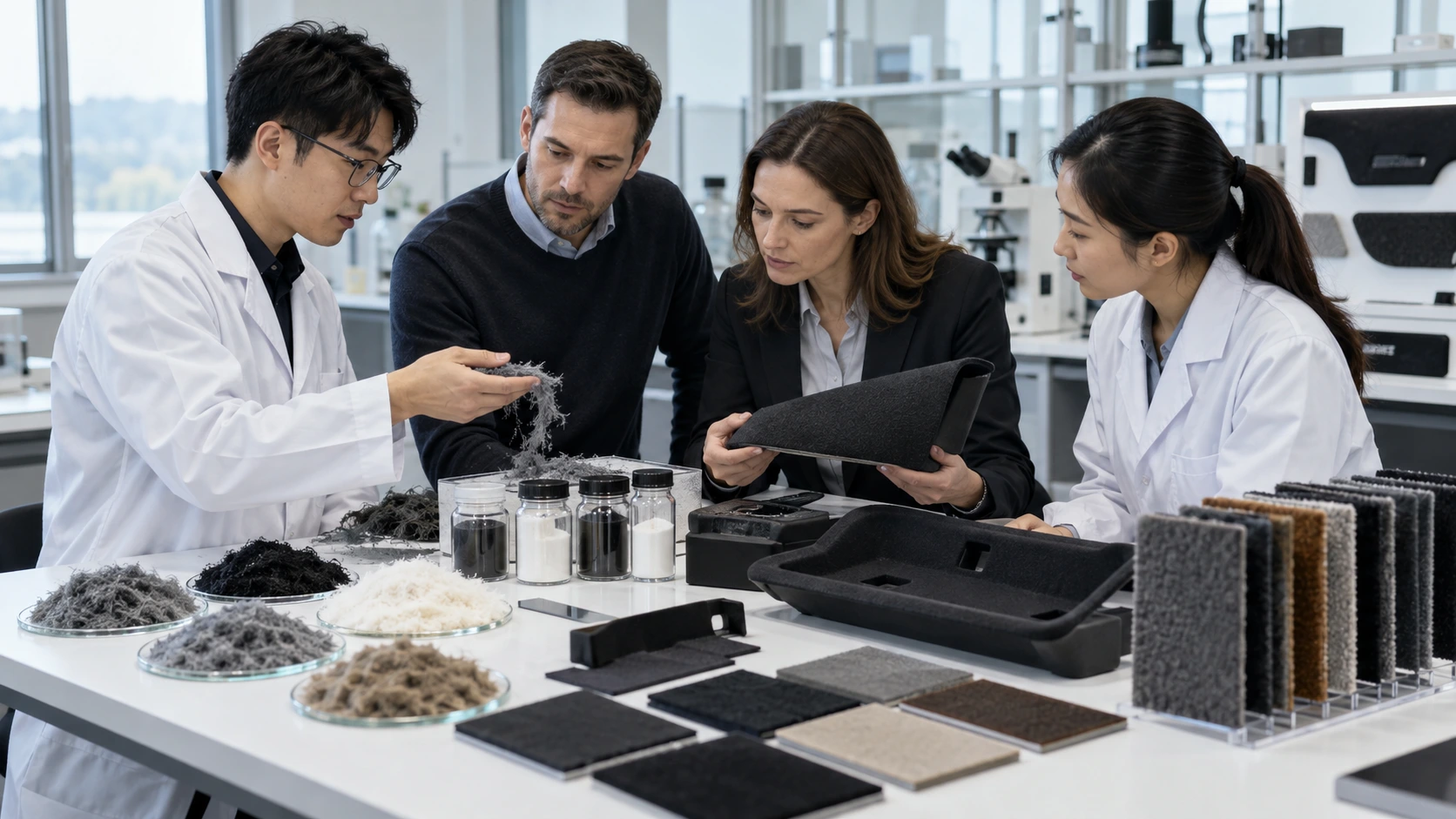 Zhangs technical team reviewing flocking fibers, powder, and automotive flocked samples in a laboratory to improve flocking quality. Zhangs technical team reviewing flocking fibers, powder, and automotive flocked samples in a laboratory to improve flocking quality.