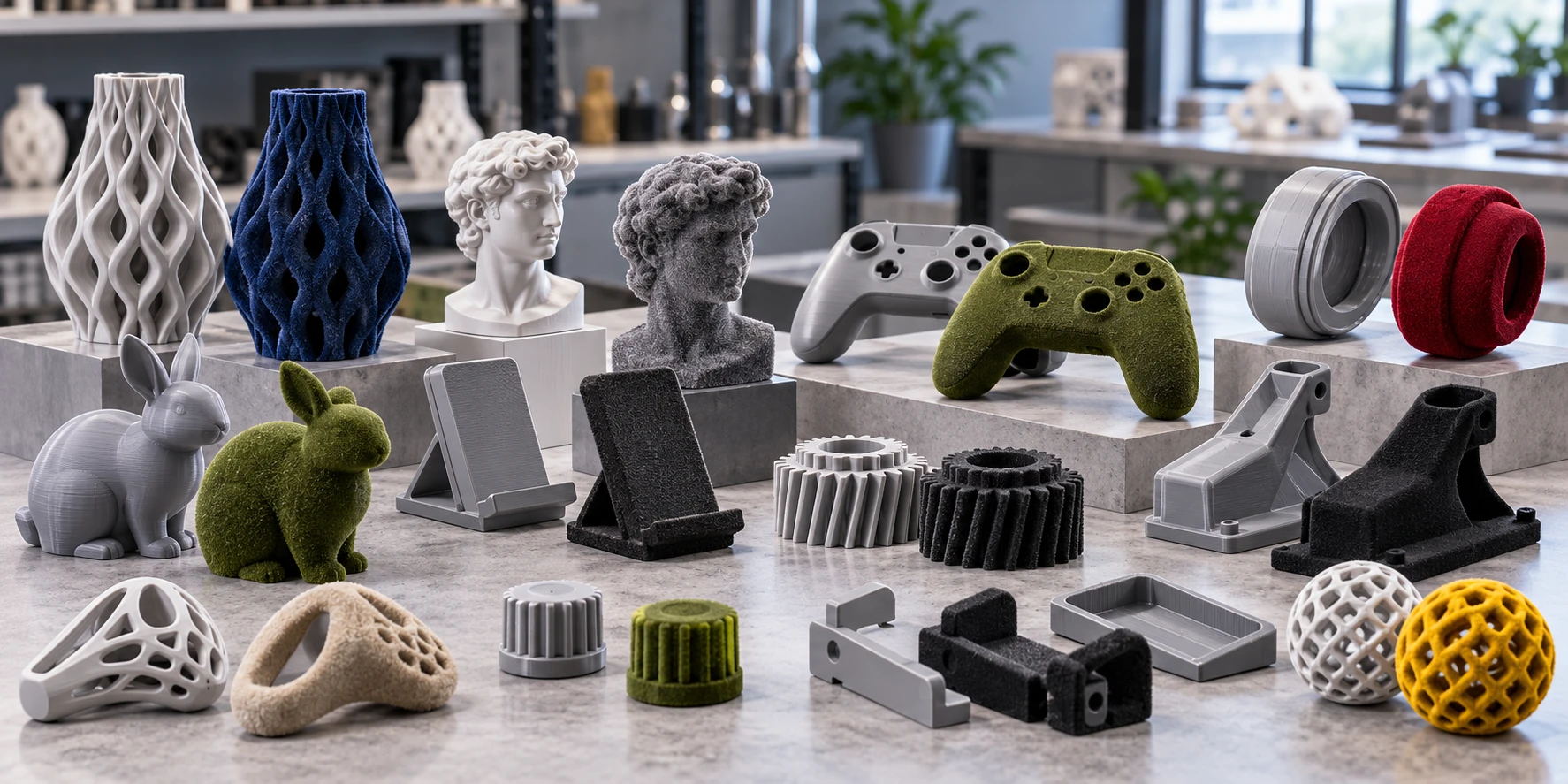 Different types of flocked 3D printed products including prototypes, decorative models, and functional components. Different types of flocked 3D printed products including prototypes, decorative models, and functional components.