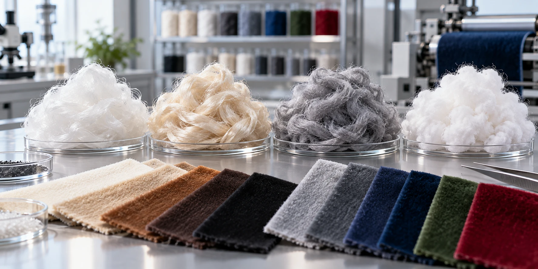 Different flocking materials including fiber samples and flocked surface swatches for material selection. Different flocking materials including fiber samples and flocked surface swatches for material selection.