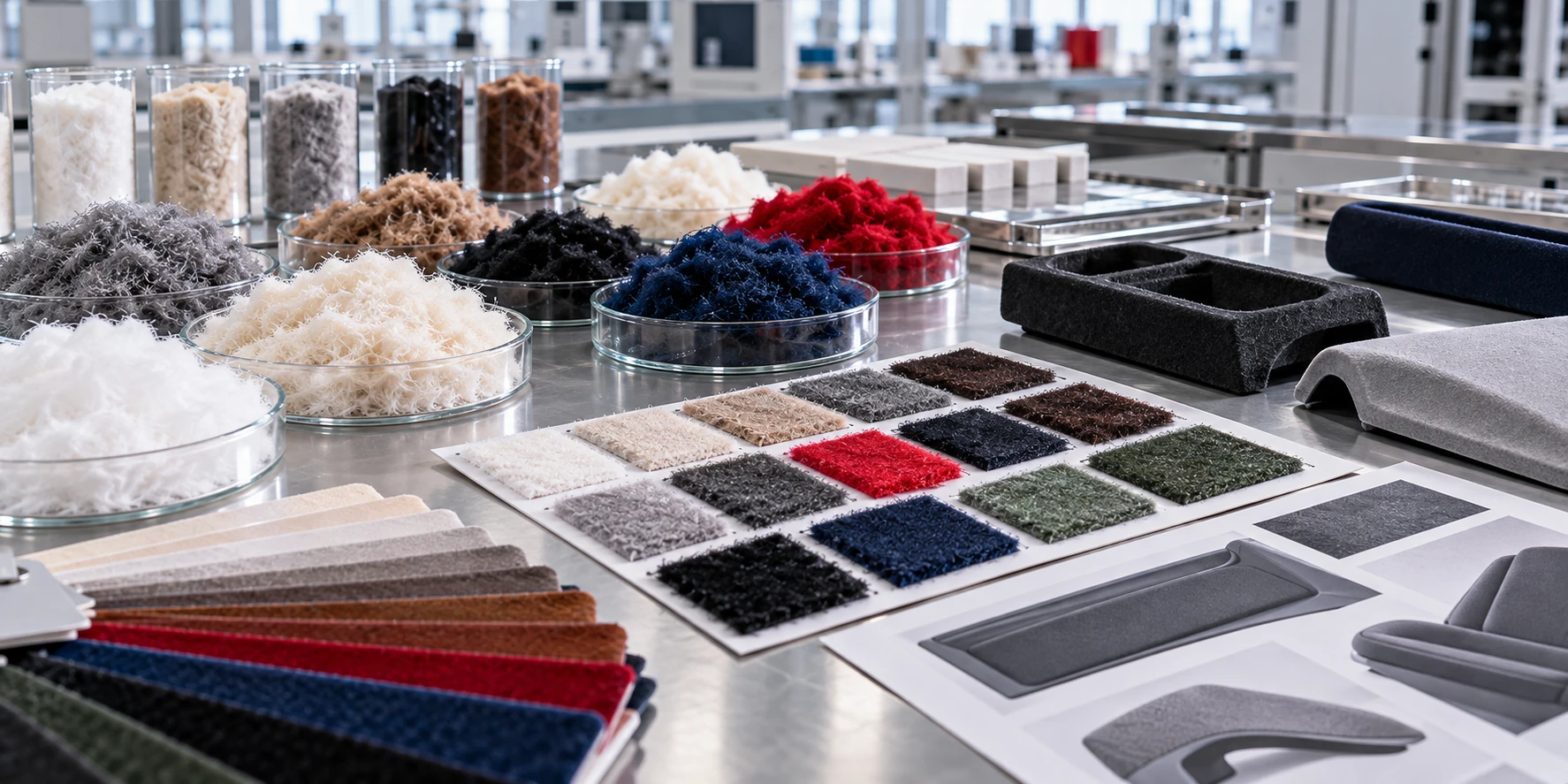 Flocking fiber selection with different colors, textures and surface samples showing application performance comparison. Flocking fiber selection with different colors, textures and surface samples showing application performance comparison.