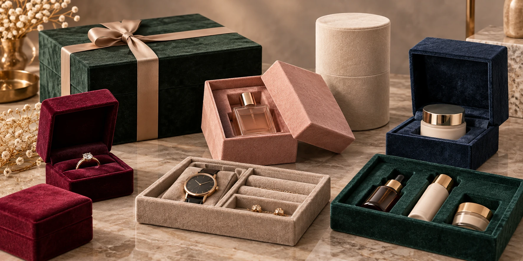 Premium flock coated packaging boxes and product inserts with velvet like finish