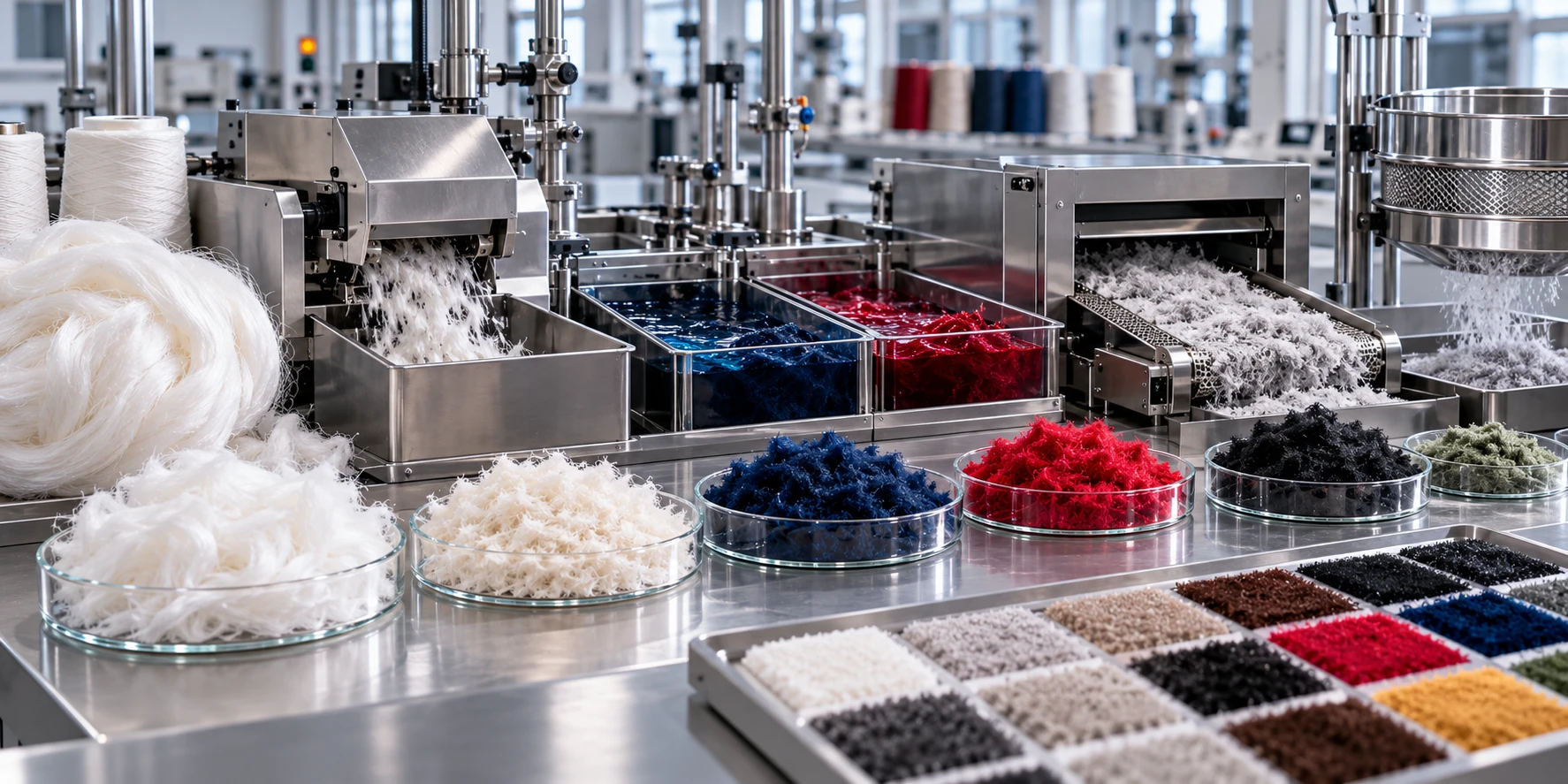 Flocking powder manufacturing process showing fiber cutting, dyeing, drying and sieving stages in an industrial production environment. Flocking powder manufacturing process showing fiber cutting, dyeing, drying and sieving stages in an industrial production environment.