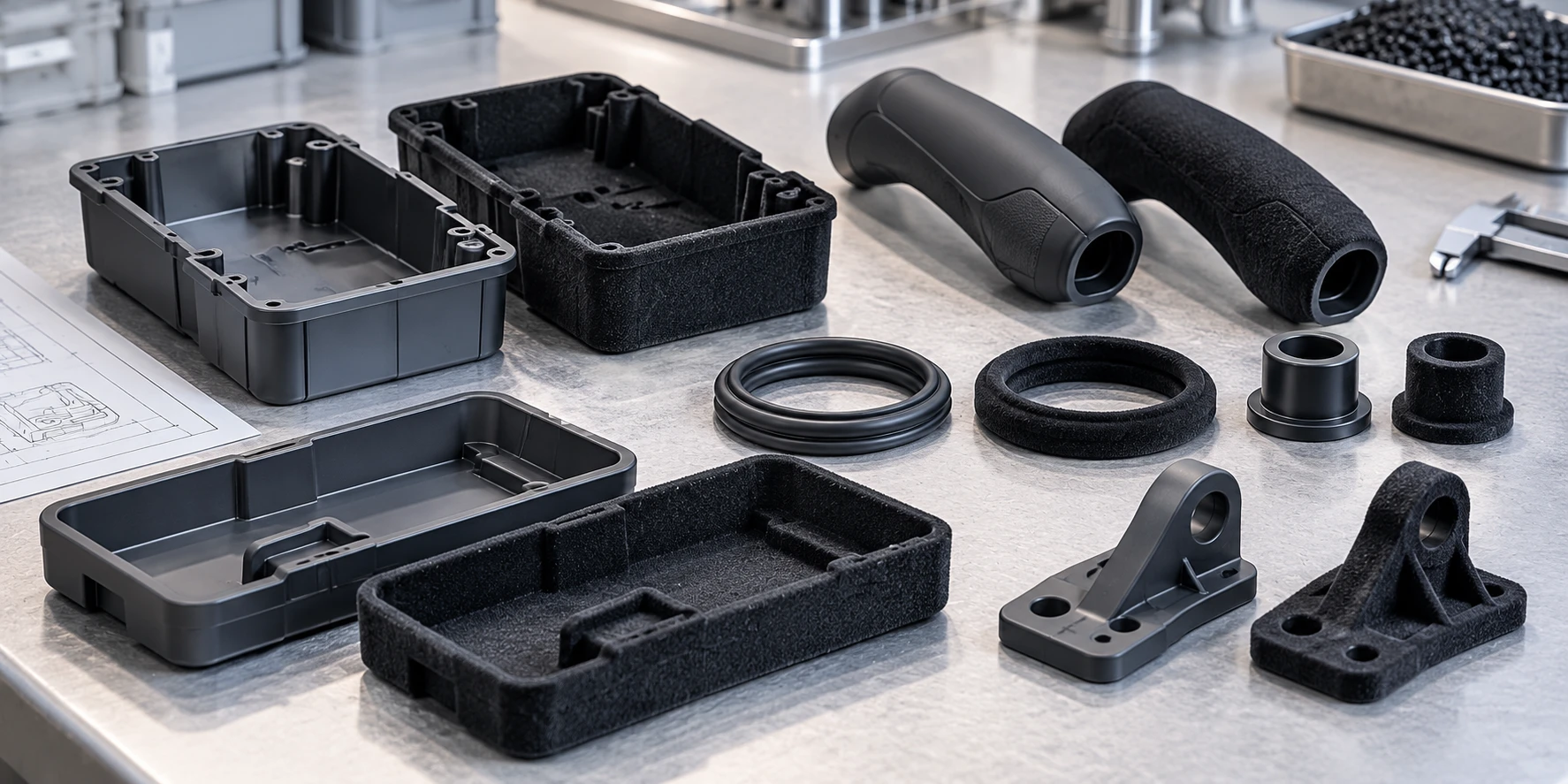 Flock coated plastic and rubber parts showing different surface textures