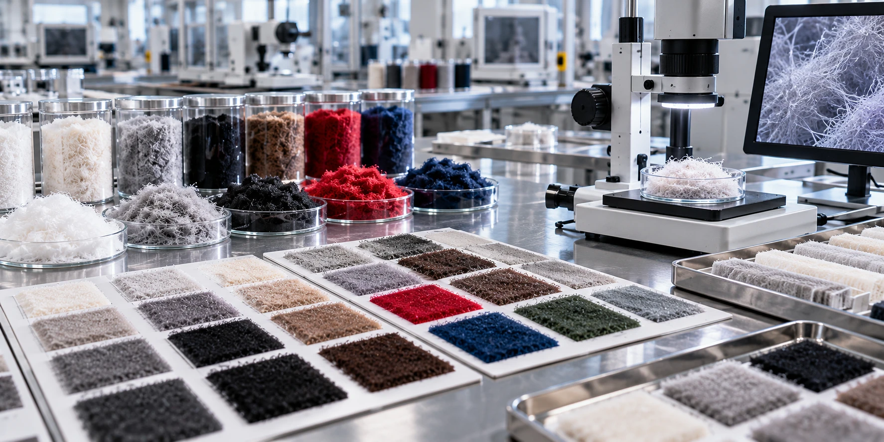 Quality control inspection of flocking powder with fiber samples and testing equipment for consistent material performance. Quality control inspection of flocking powder with fiber samples and testing equipment for consistent material performance.