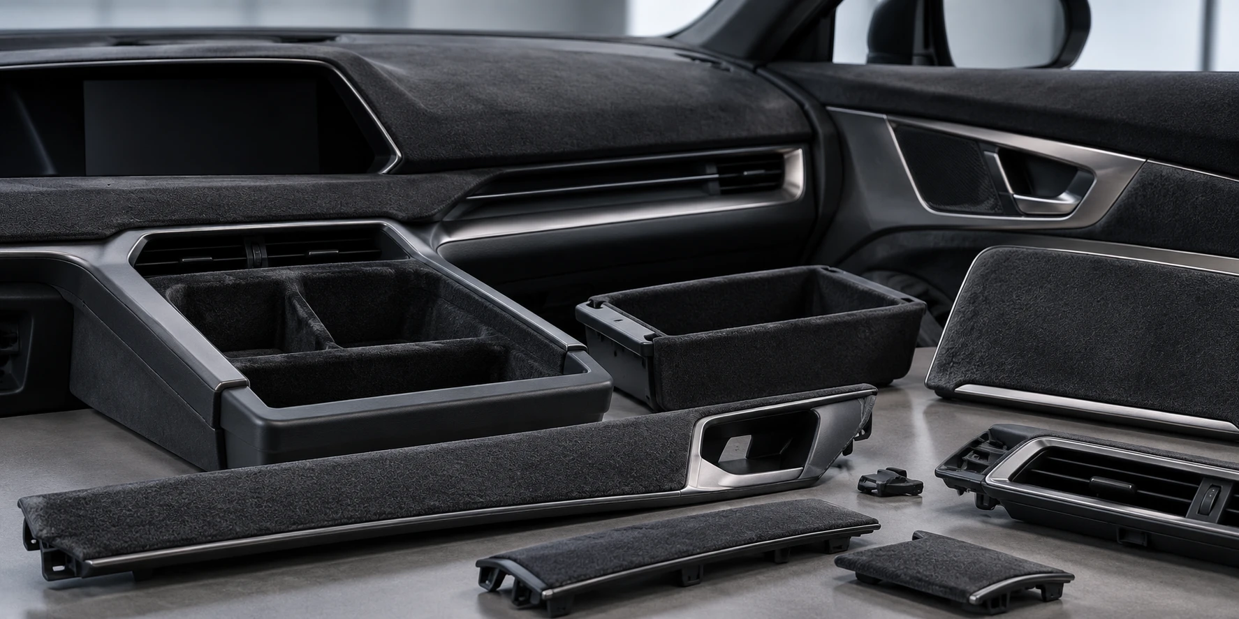 Automotive dashboard and interior components with flock coating soft touch finish
