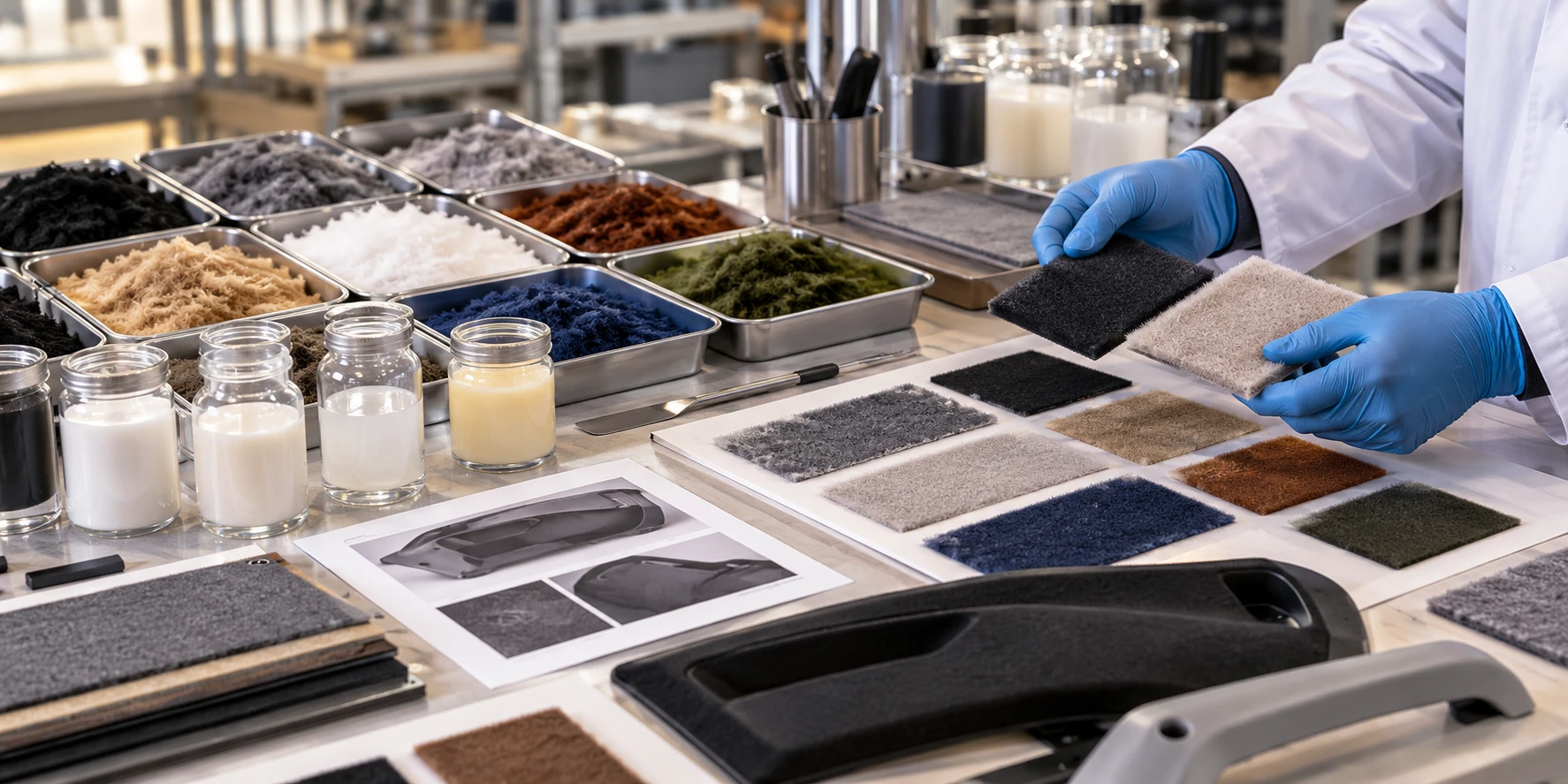 Flock fiber and adhesive selection with material samples for coating development