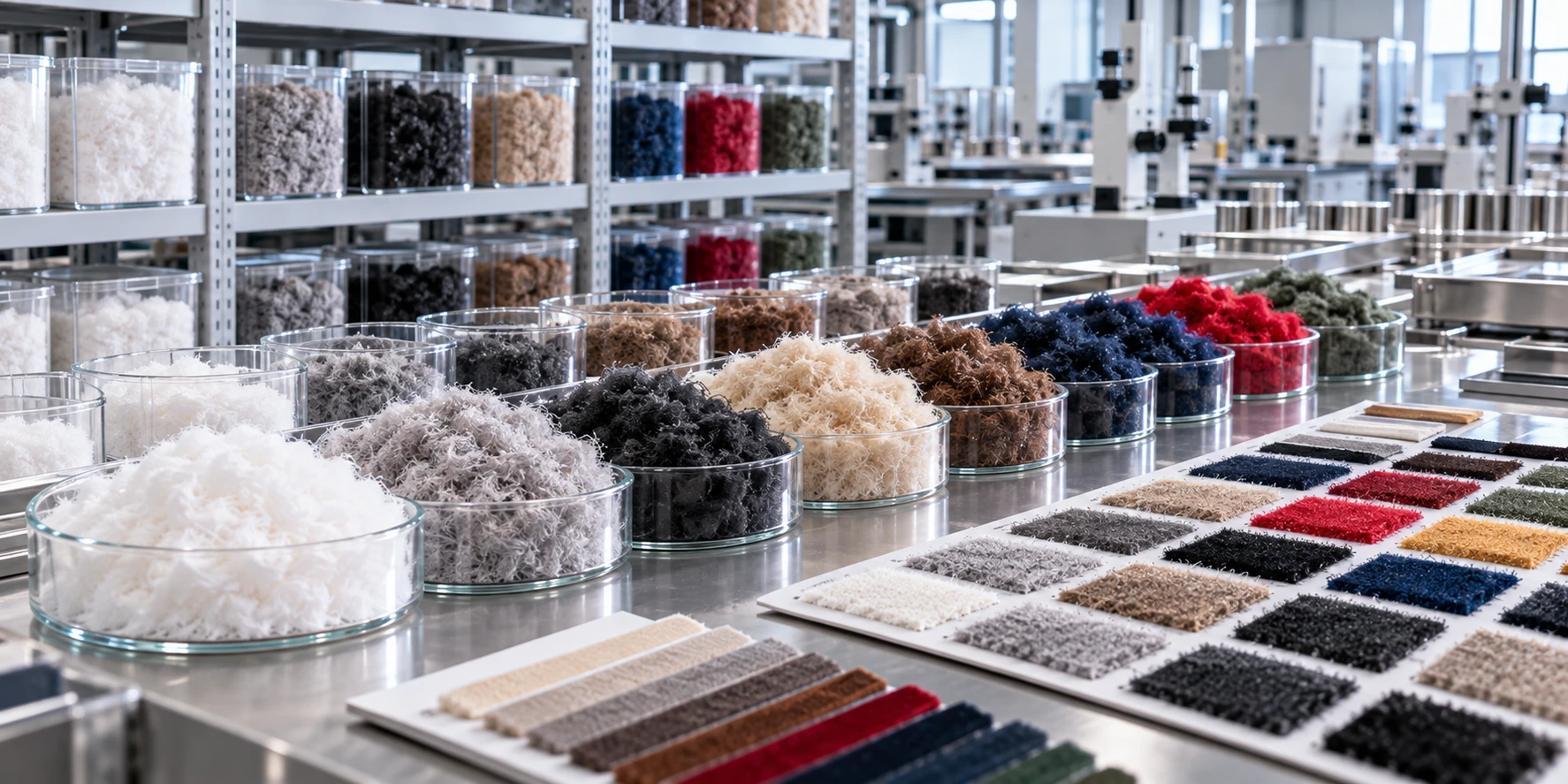 Consistent flocking powder supply demonstrated through organized fiber samples and controlled manufacturing storage. Consistent flocking powder supply demonstrated through organized fiber samples and controlled manufacturing storage.