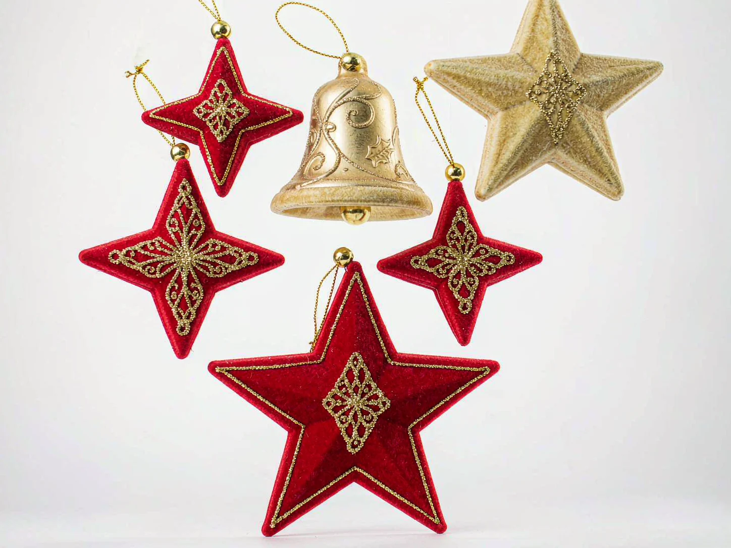 Hanging star and bell Christmas ornaments with flocked finish