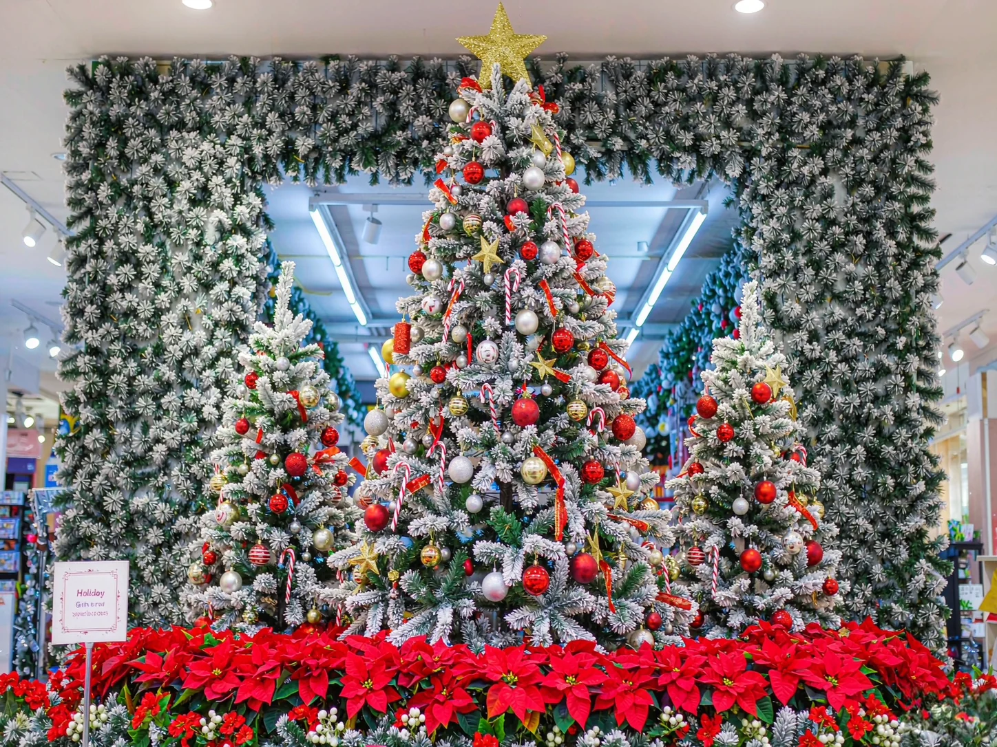Commercial holiday installation with snow flocking