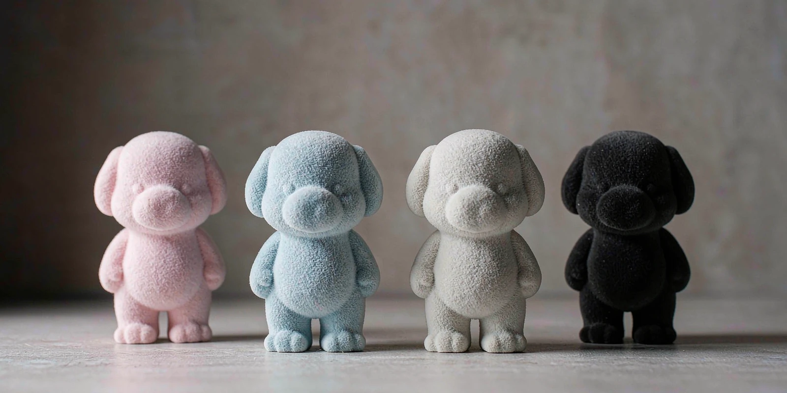Four identical toy figurines flocked in pink, blue, white and black flocking powder Four identical toy figurines flocked in pink, blue, white and black flocking powder