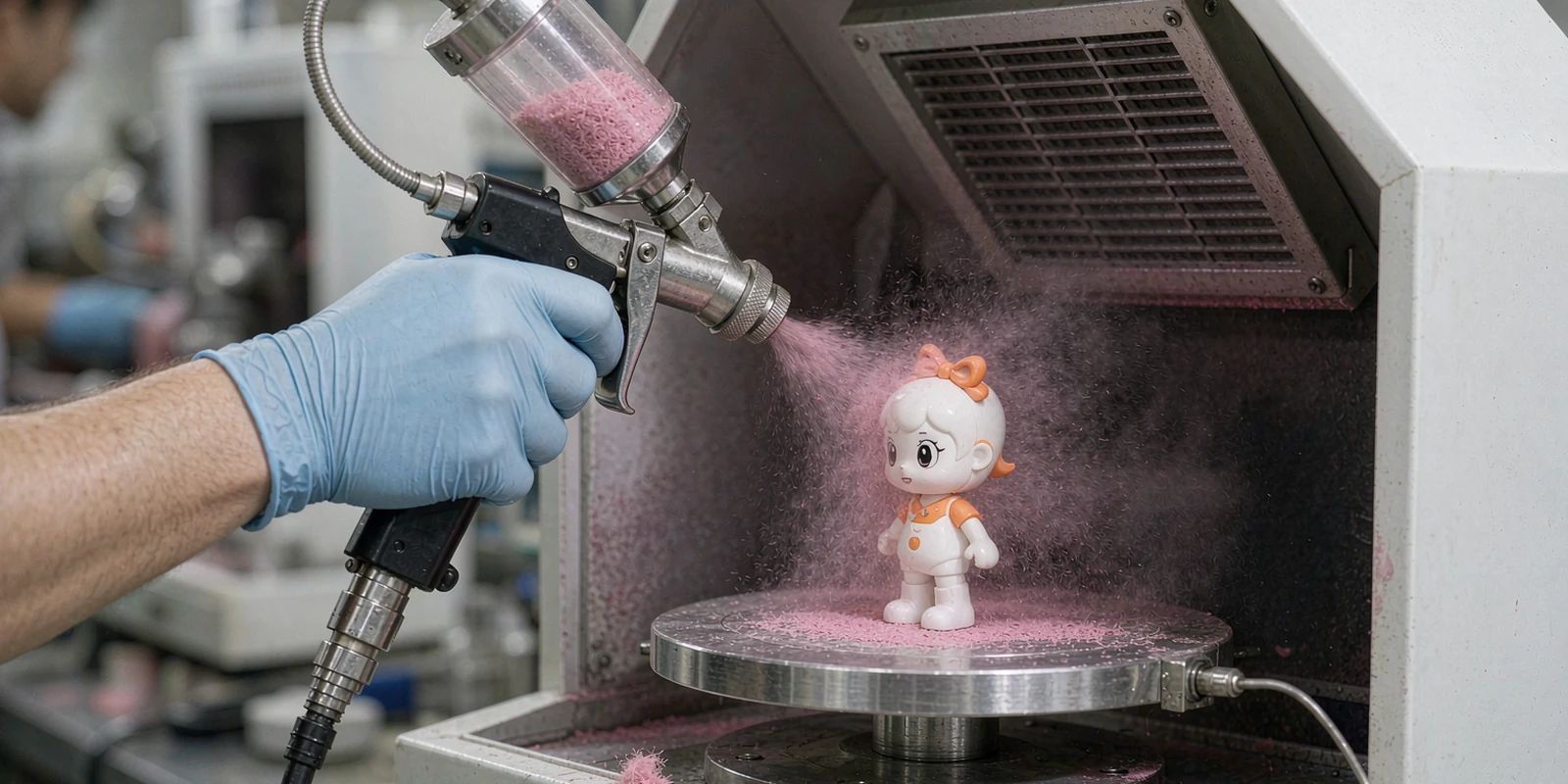 Electrostatic flocking gun spraying pink fibers onto a toy figurine on a grounded turntable Electrostatic flocking gun spraying pink fibers onto a toy figurine on a grounded turntable
