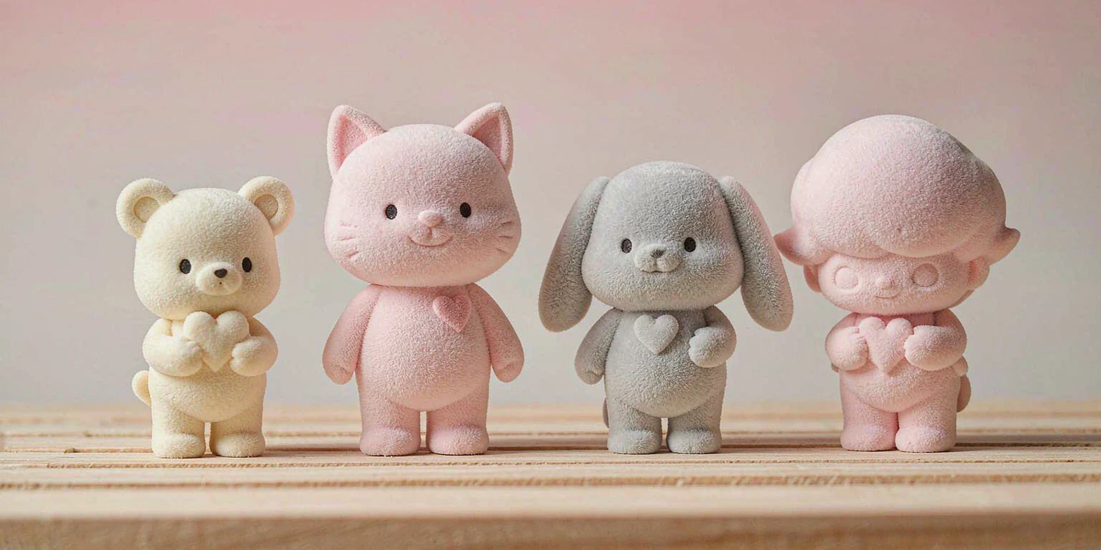 Finished flocked collectible toy figures in pastel colours on a display shelf Finished flocked collectible toy figures in pastel colours on a display shelf