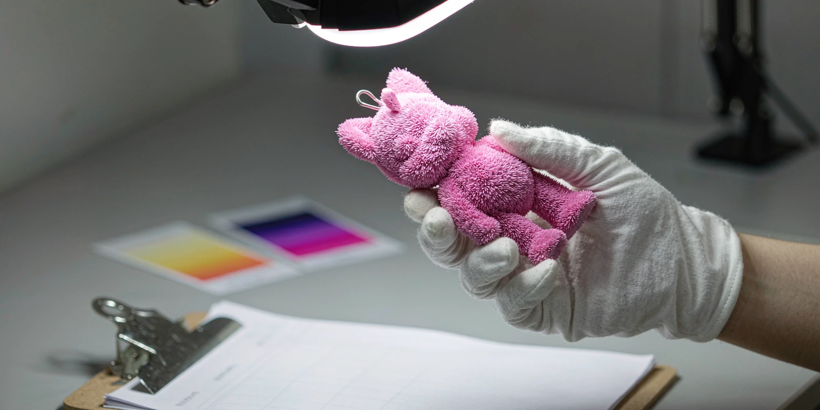 Inspector checking a pink flocked toy figurine under an inspection lamp before mass production Inspector checking a pink flocked toy figurine under an inspection lamp before mass production