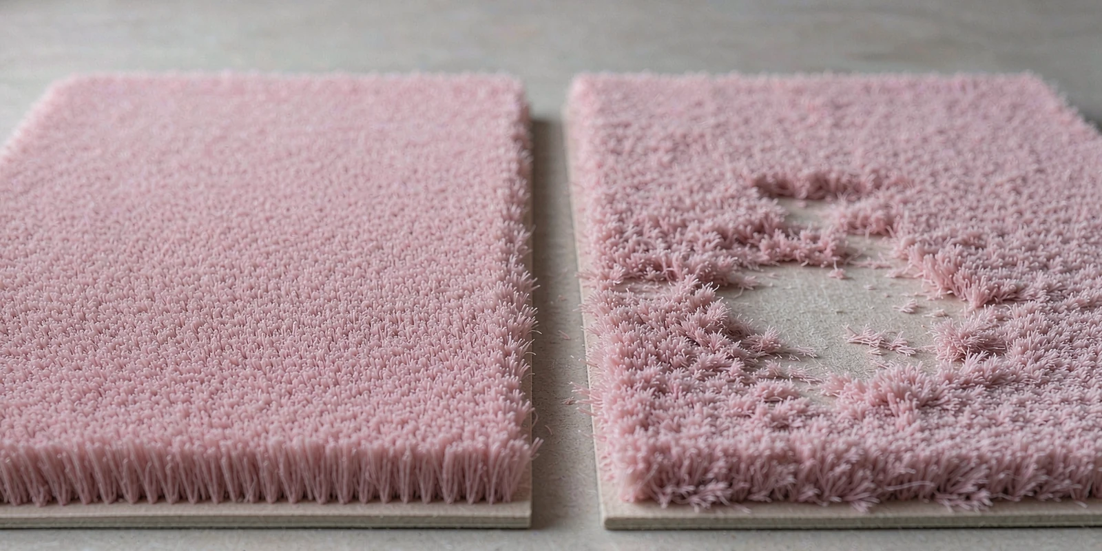Close-up of a pink flocked toy surface with a bare patch and uneven fiber coverage Close-up of a pink flocked toy surface with a bare patch and uneven fiber coverage
