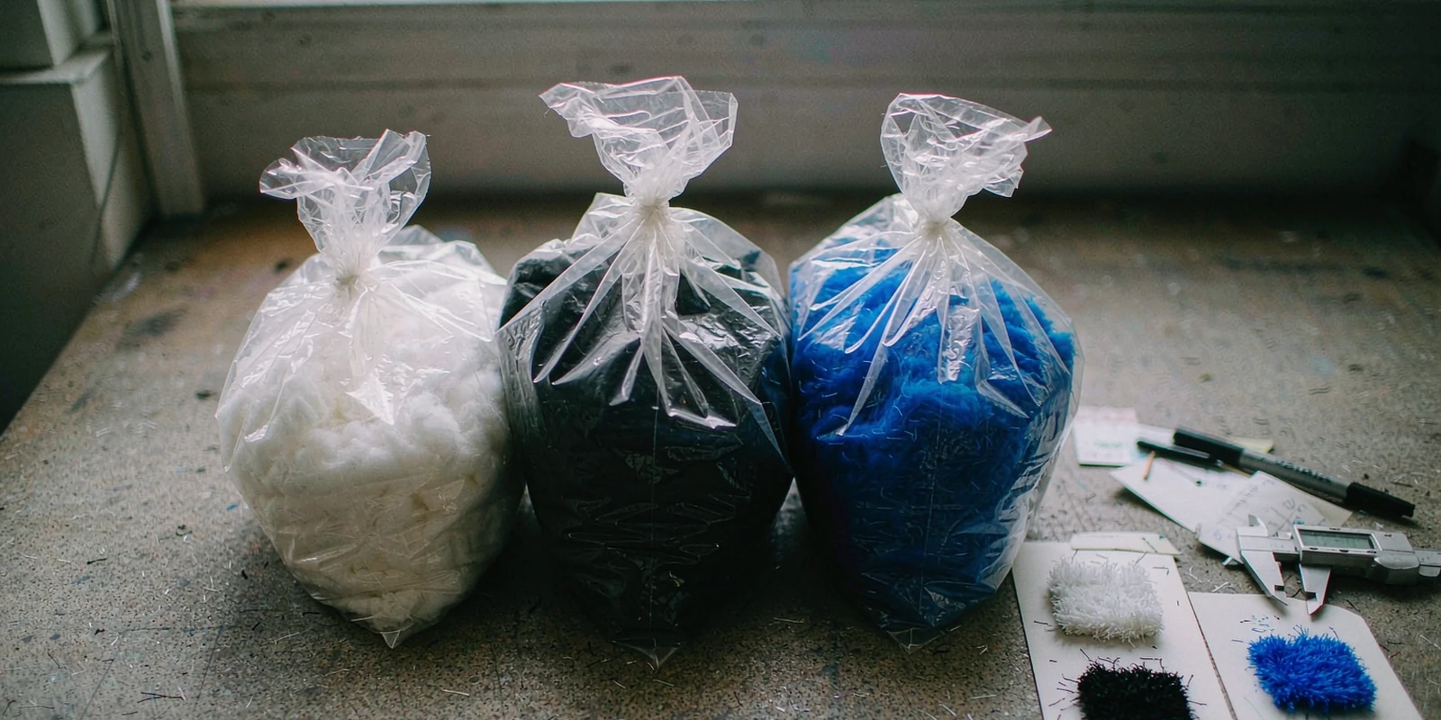 Clear bags of white black and blue flocking fibre beside flocked swatch cards and a caliper Clear bags of white black and blue flocking fibre beside flocked swatch cards and a caliper
